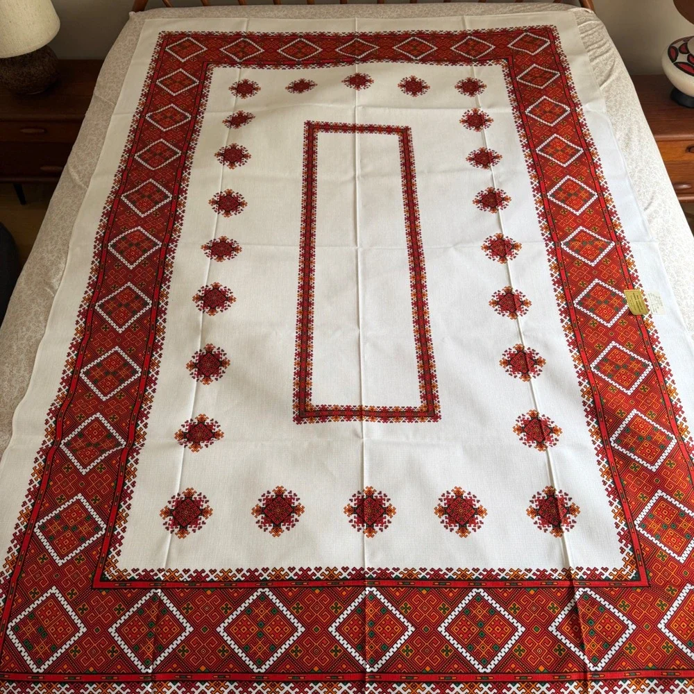 Vintage Kosmos Philadelphia Tablecloth West Germany Folk Art Geometric 51x75 new